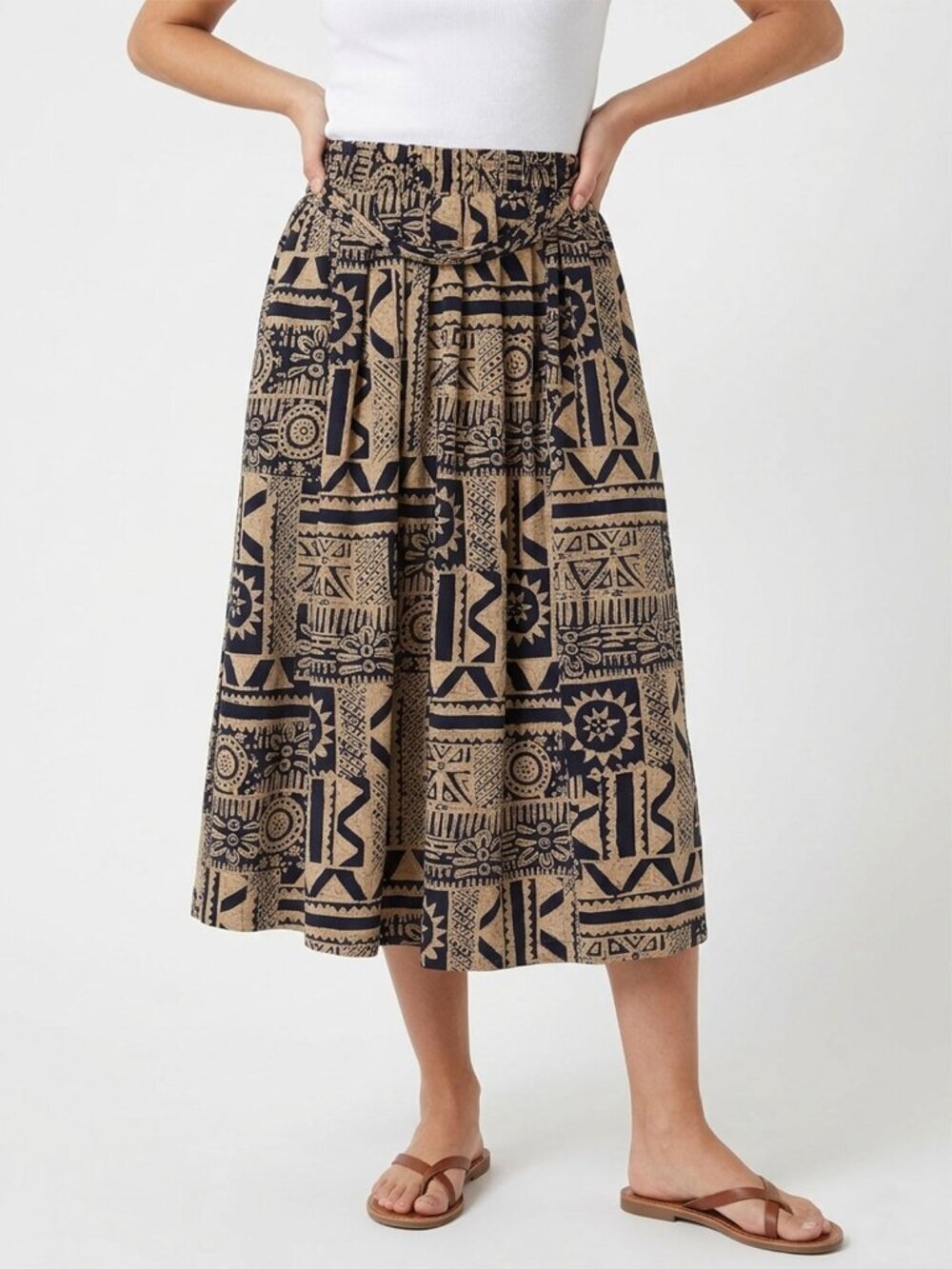 Vintage Principles Midi Tribal Print Skirt Brown Black Retro Stretch Waist 80s